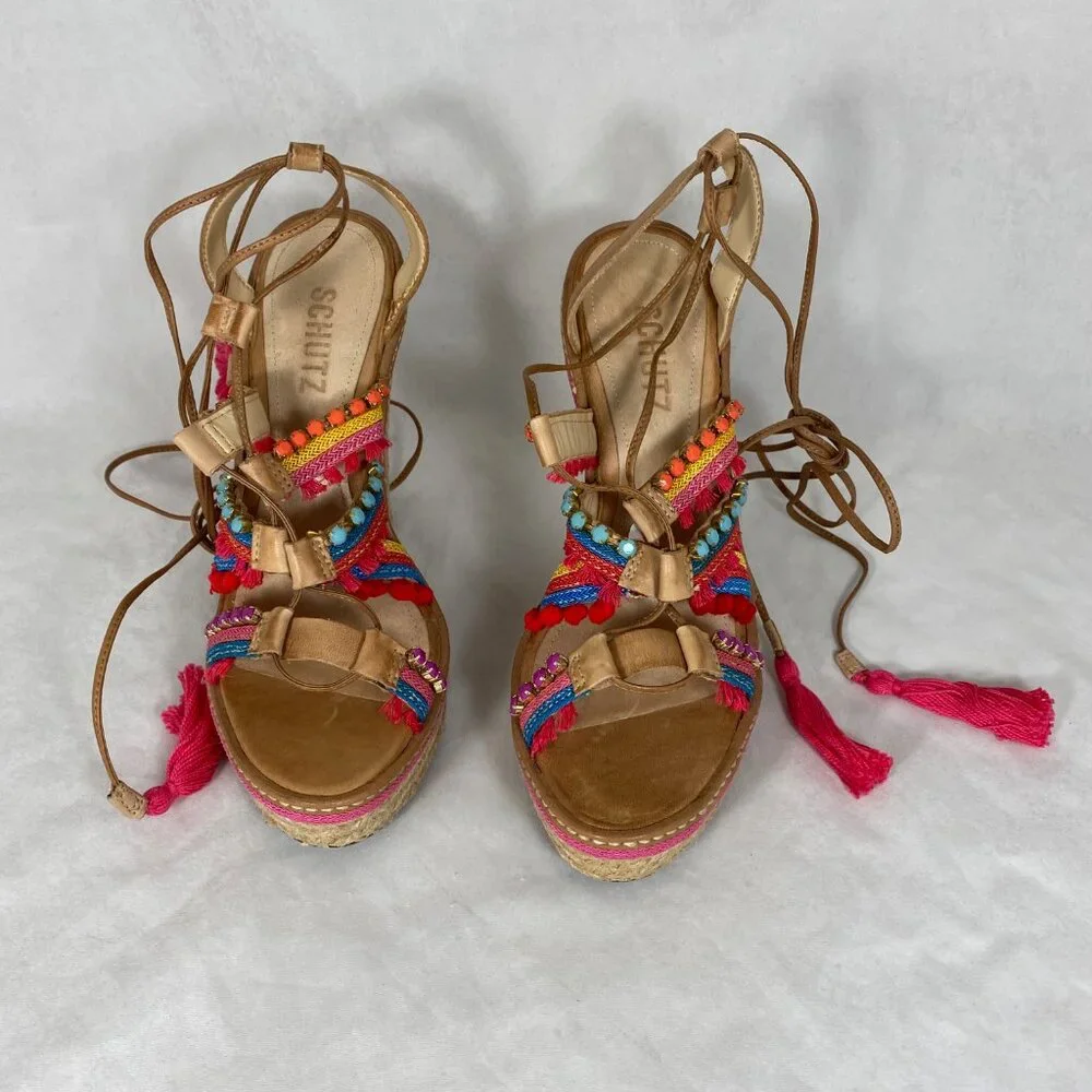 NEW Schutz Mella Espadrille Wedge Heel Sandal Pom Pom Jeweled 8.5